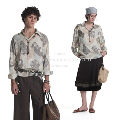 【新游牧风】Unvesno(UN)腰果花肌理配送串珠帽绳V领长袖衬衫