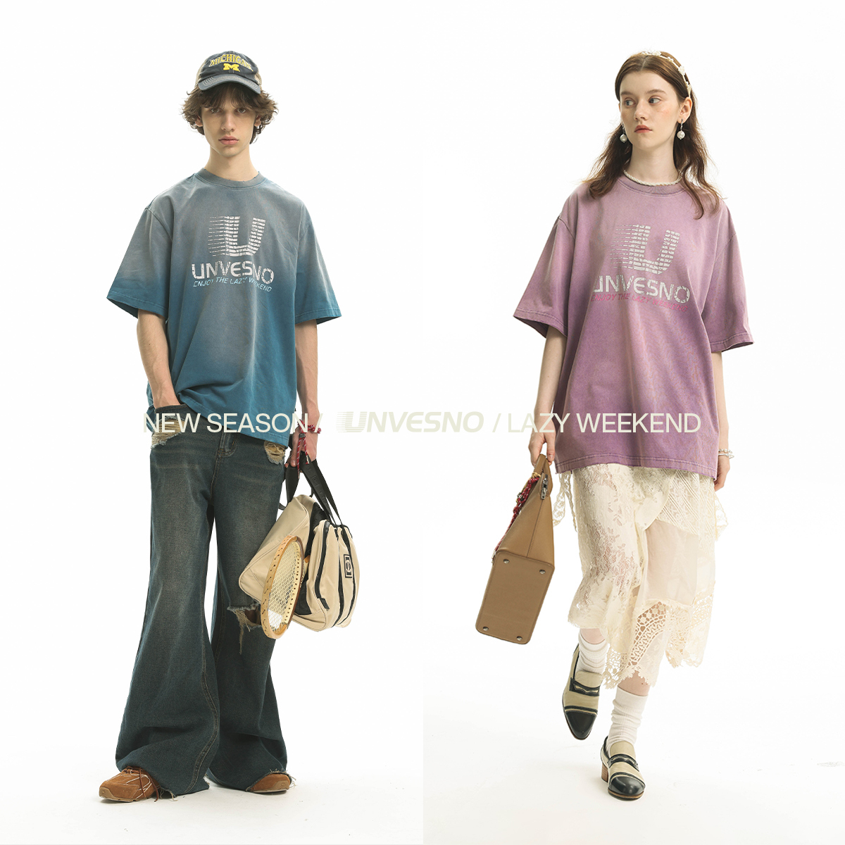 【做旧洗褪】Unvesno(UN) New Vintage运动复古炒色渐变男女款T恤