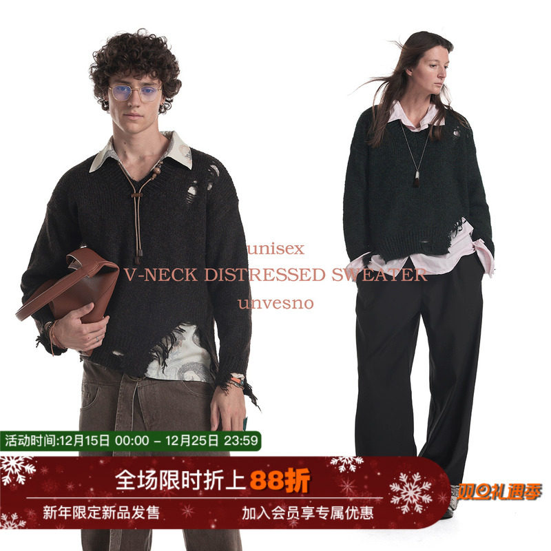 【破洞设计】Unvesno(UN)高智感慵懒感百搭休闲破洞V领针织衫保暖