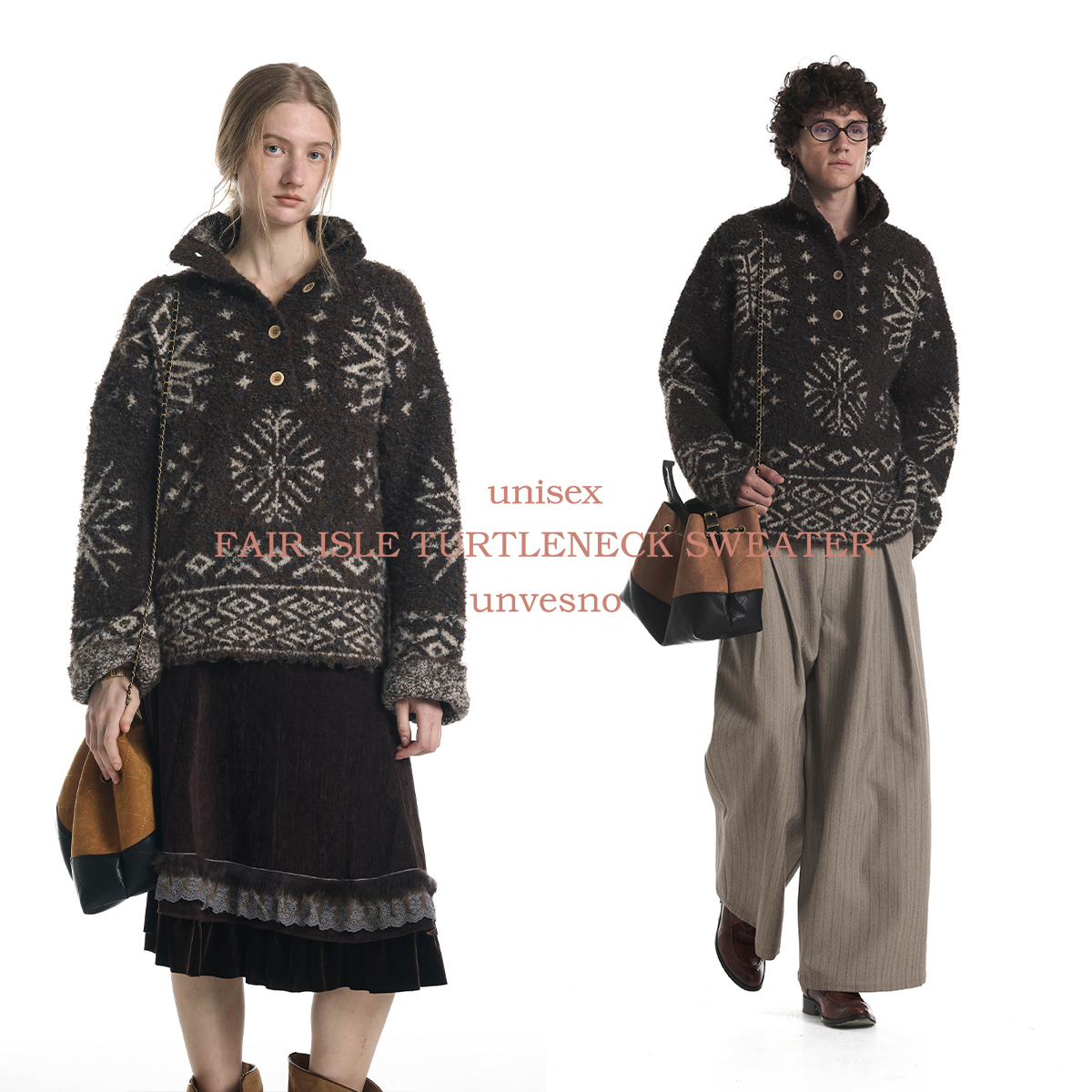 【费尔岛提花】Unvesno(UN)城野牧歌老钱复古宽松高领针织毛衣厚