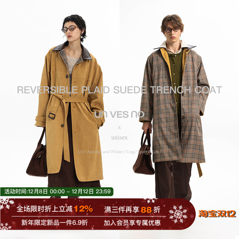 【双面穿】Unvesno(UN) 中古复古定制格纹单排扣麂皮廓形风衣大衣