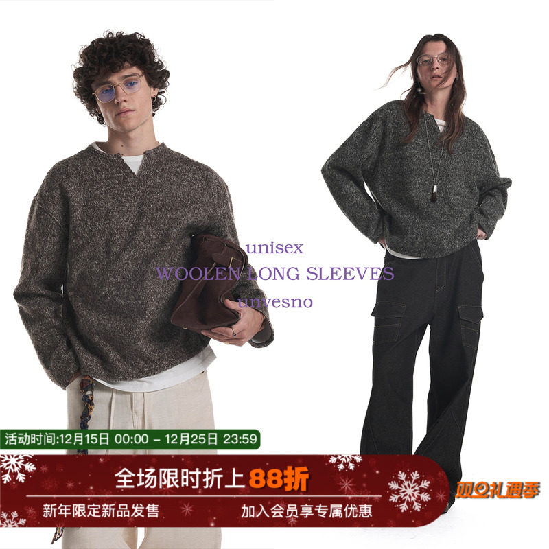 【假两件】Unvesno(UN)双色彩纱麻花羊毛混纺针织小V领长袖卫衣秋