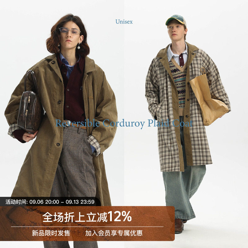 Unvesno(UN)25春夏复古水洗灯芯绒格纹双面穿保暖长风衣休闲外套图片
