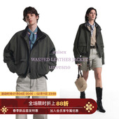 苍山绿中古皮领洗褪短廓型飞行夹克外套 复古洗水 Unvesno