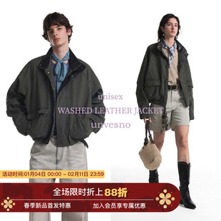 【复古洗水】Unvesno(UN)苍山绿中古皮领洗褪短廓型飞行夹克外套