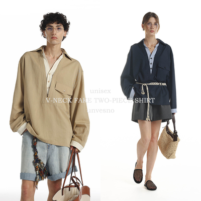 莱赛尔老钱V领撞色衬衫