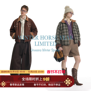 【马年限定 双面穿】Unvesno(UN)马头刺绣仿骆马绒拼格纹短阔夹克