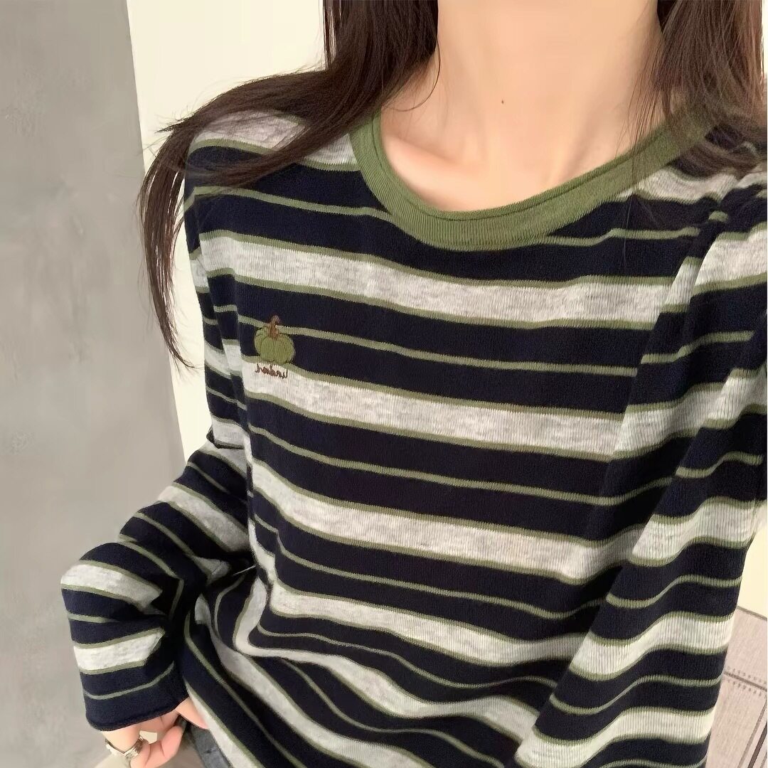 爆款条纹撞色刺绣针织衫女宽松秋装韩系显瘦毛衣时尚百搭打底上衣