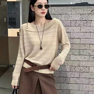 时尚设计感斜领针织衫女宽松秋装韩系显瘦毛衣慵懒风百搭打底上衣