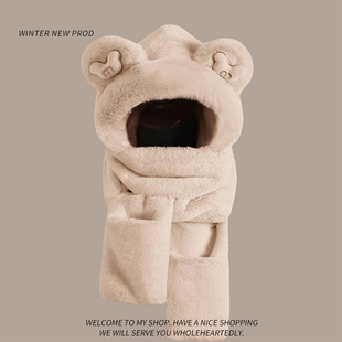 儿童帽子围巾脖一体女2025秋冬新款男女童加厚连帽手套防风寒帽