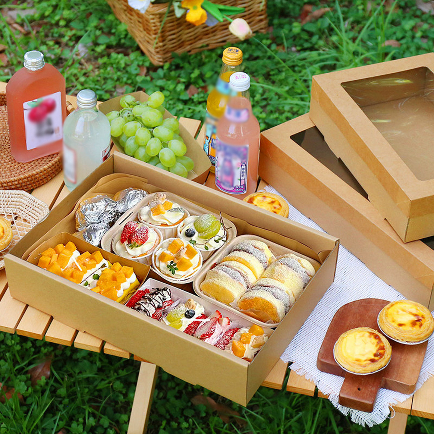 春游露营水果轻食打包户外野餐寿司甜品烤肉便当一次性牛皮纸盒子