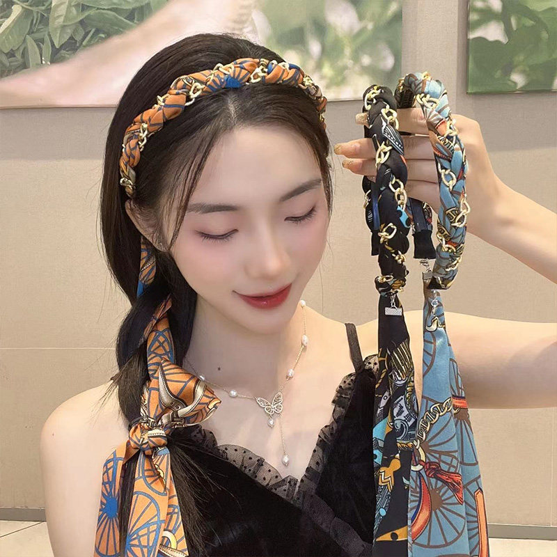 覆古炼条发箍缎面布艺压发卡头箍飘带发带女绑发一体系编发头饰夏