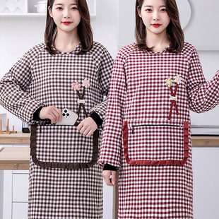 工作服 干活防污反穿带袖 加厚棉布罩衣家用厨房做饭长袖 围裙女时尚