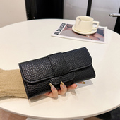 新款 复古小众长夹长款 女士钱包三折搭扣日韩版 软皮荔枝纹手拿皮夹