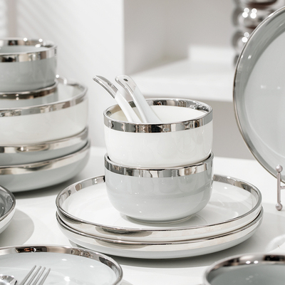 轻奢高颜值碗碟套装家用盘子ins银边饭碗高级感面汤碗筷陶瓷餐具