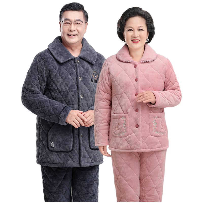 睡衣女秋冬季中老年妈妈款加厚保暖加绒夹棉珊瑚绒男士家居服爸爸