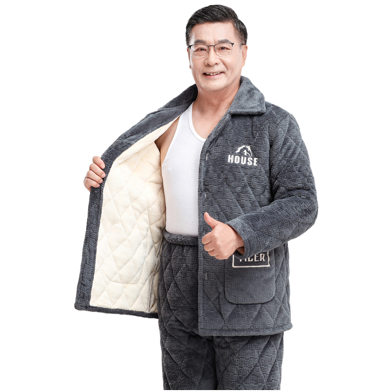 男士睡衣秋冬季三层加厚加绒珊瑚绒夹棉保暖中老年爸爸家居服套装