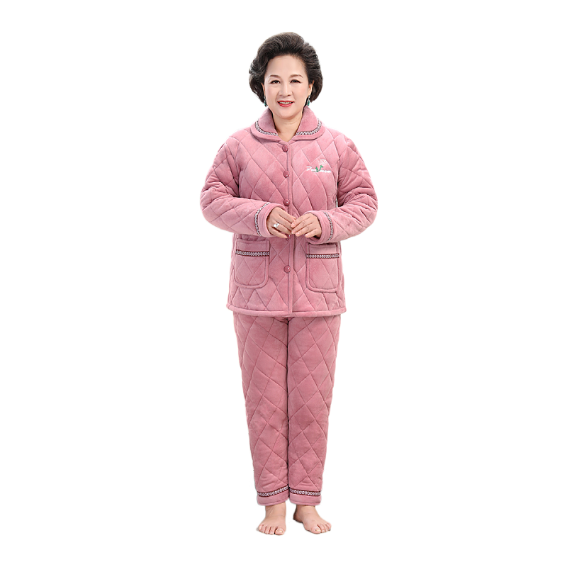 秋冬季珊瑚绒夹棉睡衣女中老年人中年妈妈三层加厚加绒保暖家居服