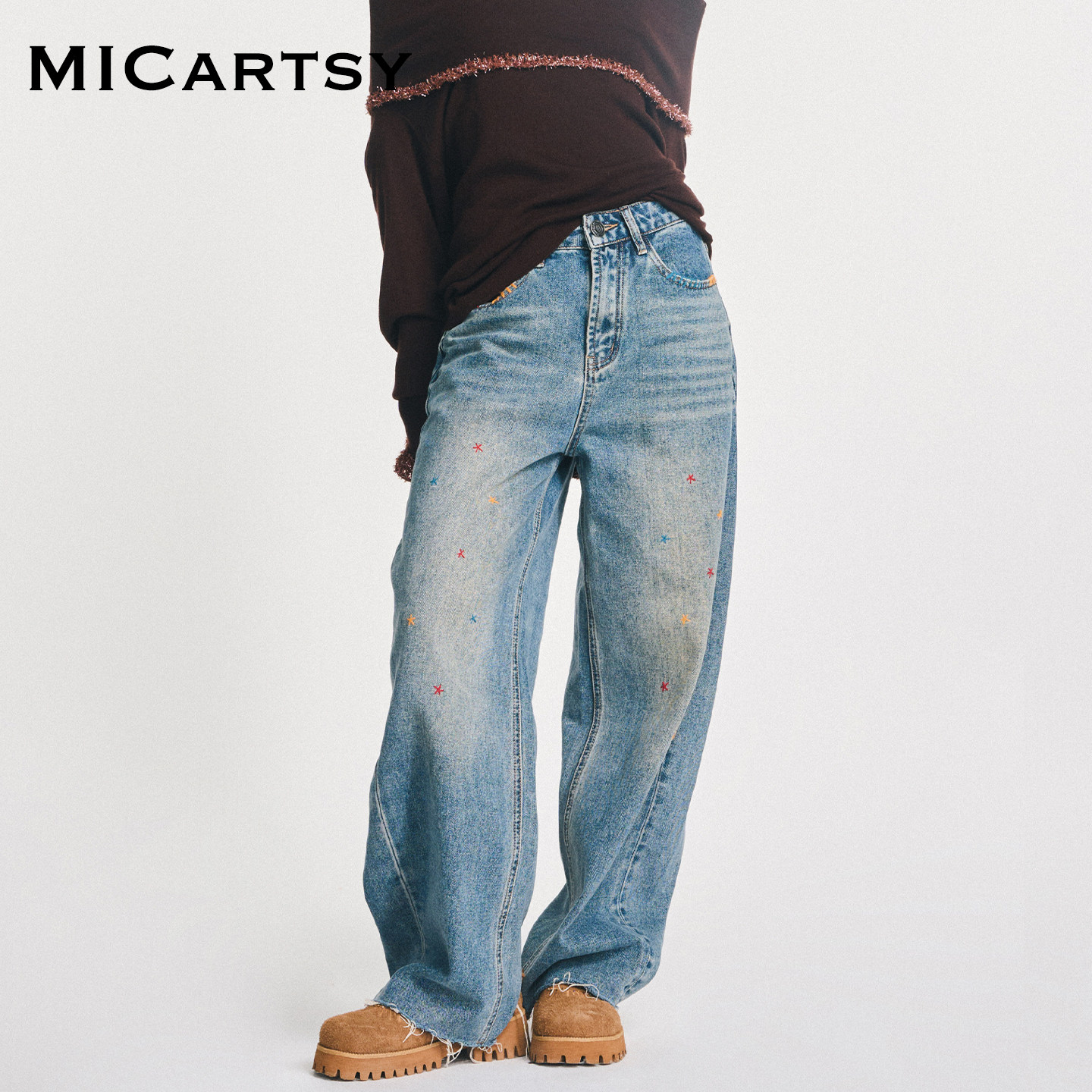 MICartsy王紫珊配饰车togo系列秋冬新款刺绣星星休闲直筒牛仔裤女