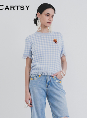 MICartsy王紫珊春夏新款珠花流苏格纹上衣女短袖时尚BRBR038