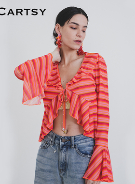 MICartsy王紫珊春夏新款荷叶边条纹上衣外套女V领时尚BRBR020