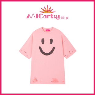 MICartsy王紫珊配饰车to 手工钉珠粉色T恤女百搭 go系列新款