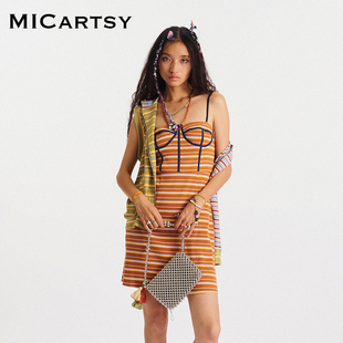 MICartsy王紫珊春夏新款 百搭 镶胸线条纹吊带连衣裙女修身