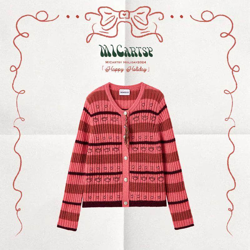 MICartsy王紫珊2025秋冬新款红色条纹刺绣针织开衫,女装/女士精品,毛针织衫,淘宝优惠券,粉丝福利购,淘宝优惠卷