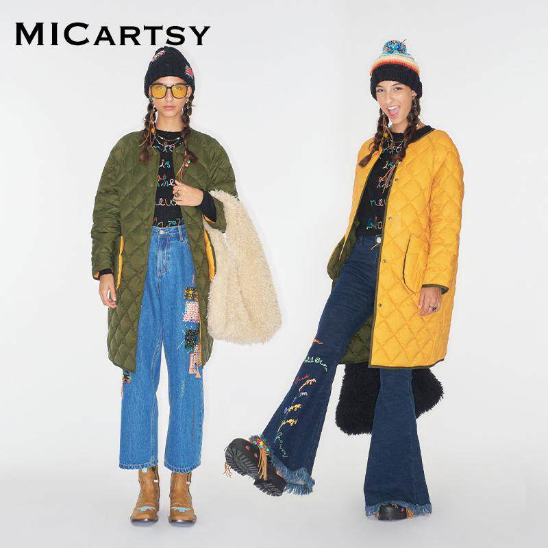 MICartsy王紫珊2025秋冬新款绿黄色双面穿菱格羽绒服