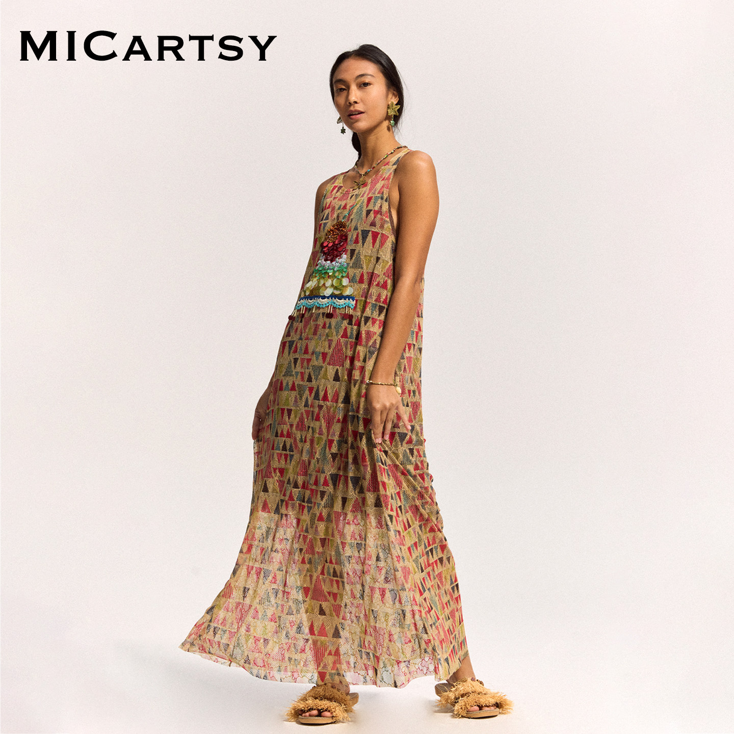 MICartsy春夏新款SOUL系列花色手工钉珠蛋糕背心裙