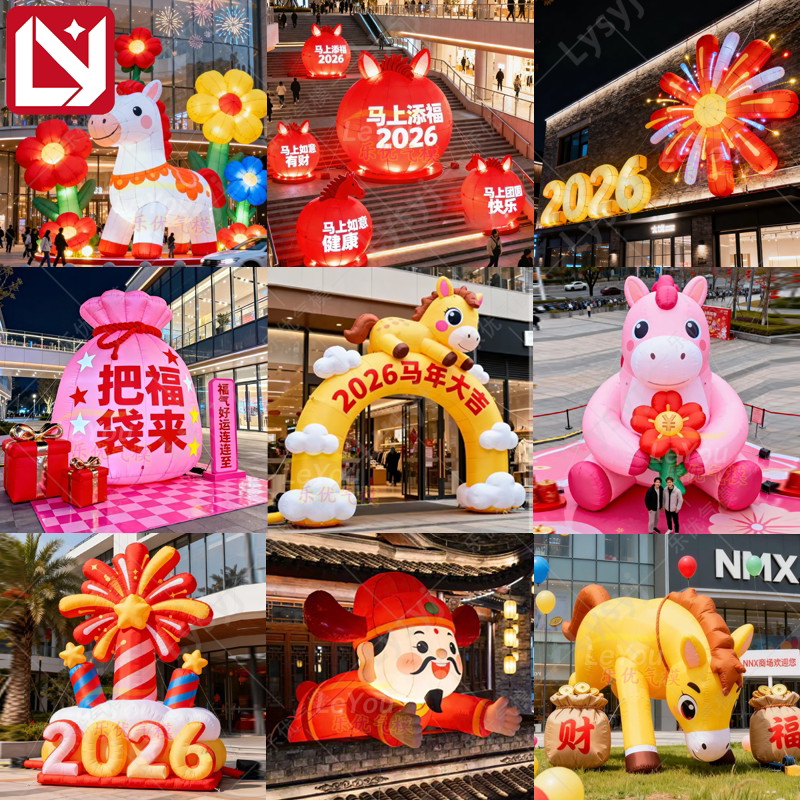 2026马年春节充气小马财神烟花拱门气模商场节日庆典喜庆美陈装饰