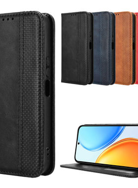 适用于荣耀Honor X7e 4G，畅玩Play80 Plus 5G磁扣复古纹皮套手机壳翻盖式插卡防摔保护套商务男女外壳素皮