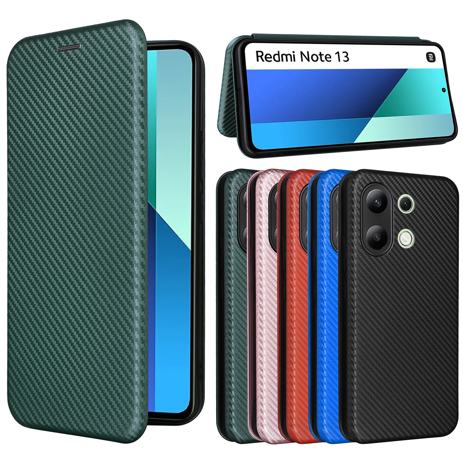 适用于红米Note13 4G磁扣碳纤维纹手机壳翻盖插卡保护套商务男女