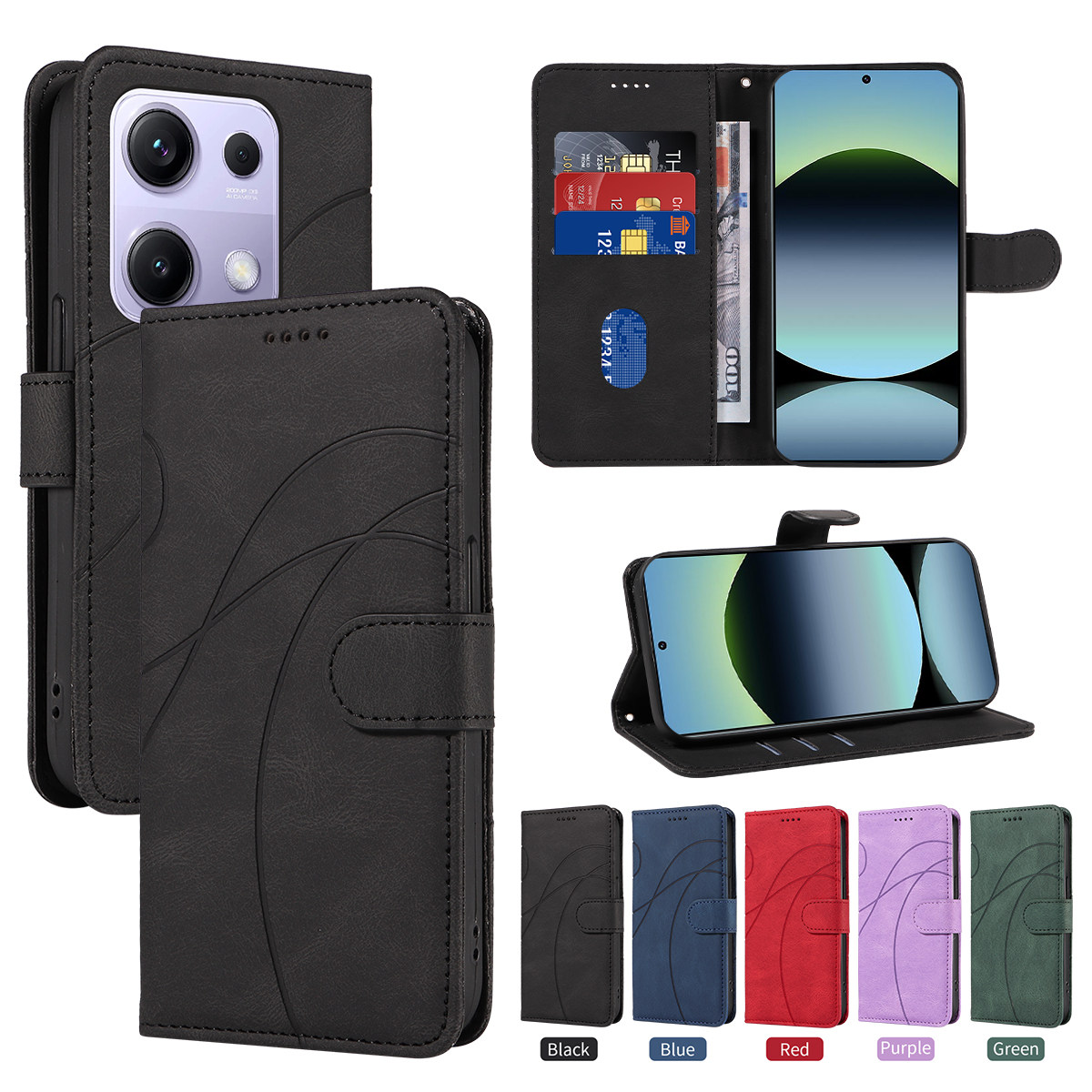 适用于红米Note14S 4G,红米Note13 Pro 4G,小米Poco M6 Pro 4G弧形压线皮套手机壳翻盖式插卡防摔保护套男女