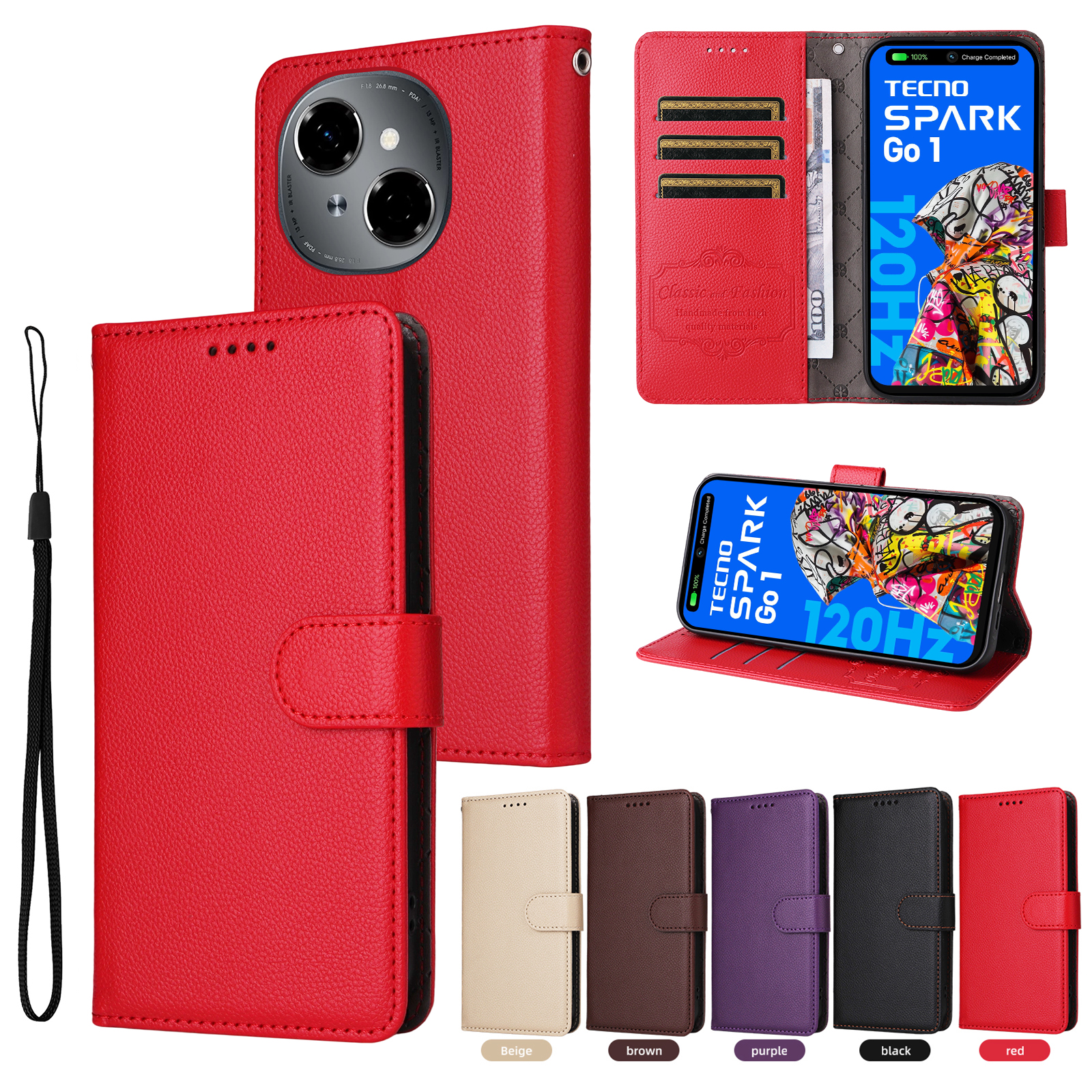 适用于传音Tecno Spark Go1，Pop9 4G，Spark Go 2025经典荔枝纹皮套手机壳翻盖式插卡防摔保护套素皮男女