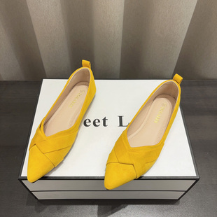 法式浅口单鞋女黄色2025春夏新款舒适百搭绒面尖头软底平底通勤鞋