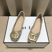 韩版 时尚 金属扣布面浅口单鞋 2025春夏新款 女百搭舒适方头平底瓢鞋