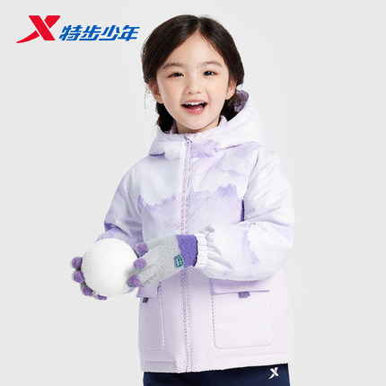 特步儿童工装羽绒服女小童2025冬季新款保暖宽松外套675424193353