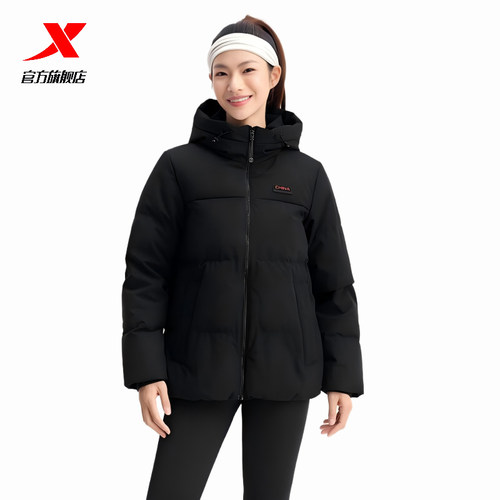特步CHINA三防羽绒服女款2025冬新款内里热反射连帽鸭绒保暖外套