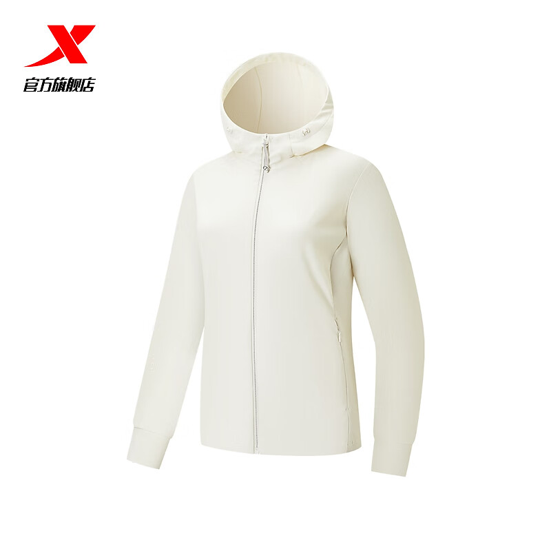 特步外套女弹力运动针织连帽上衣