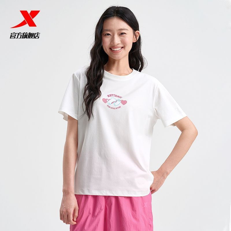 特步短袖T恤女装2025夏季新款时尚宽松运动休闲圆领针织上衣女T