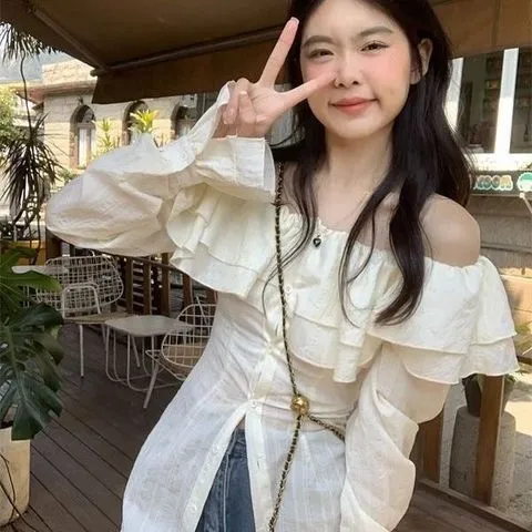 衬衫荷叶边夏上衣设计感小众一字肩女韩系女别致法式长袖收腰