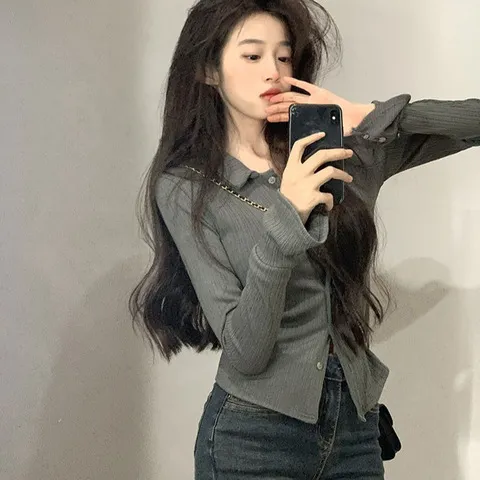 显瘦polo领风小众T恤新款2024上衣设计感辣妹纯欲修身长袖ins秋季