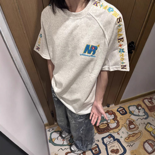 花灰色插肩刺绣美式正肩t恤重磅短袖男高级感痞帅cityboy情侣半袖