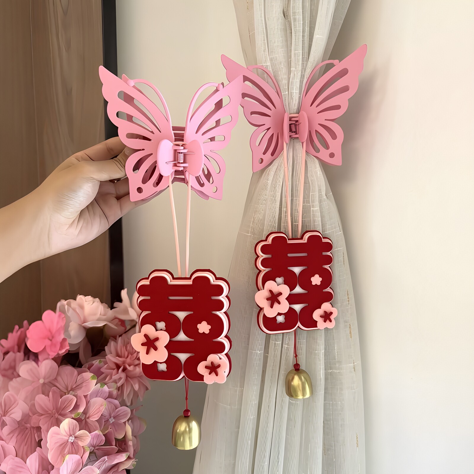 结婚喜字窗帘绑带仿真花挂饰图片
