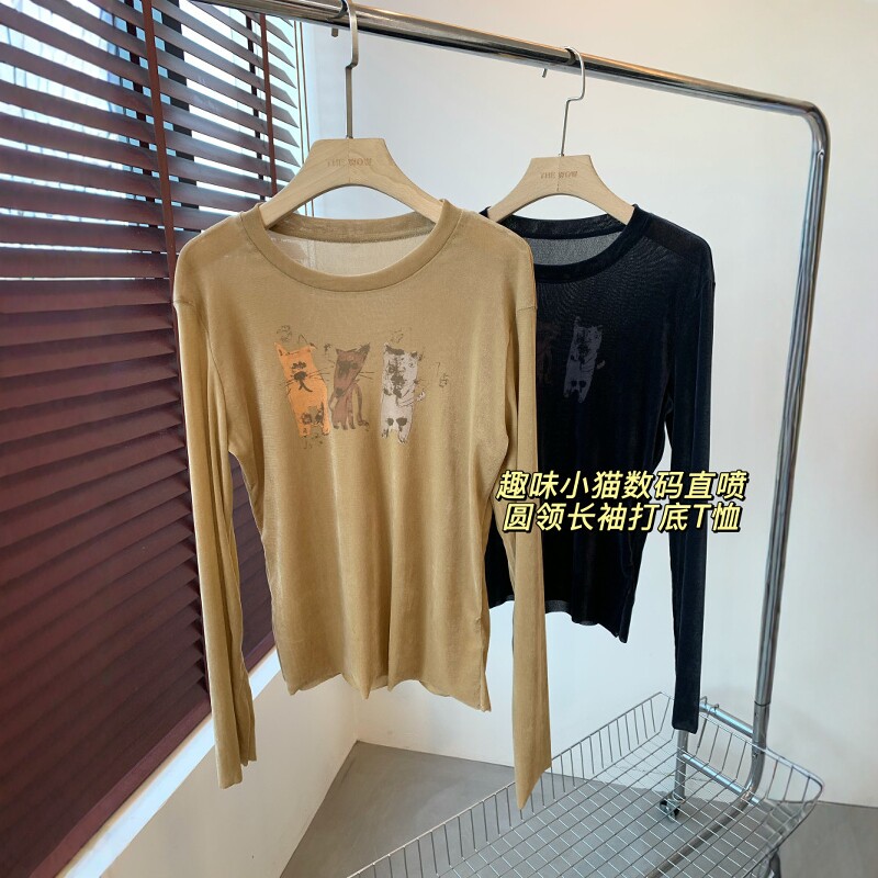 THEWOW 软糯顺滑 趣味小猫数码直喷工艺合身宽松圆领长袖打底T恤