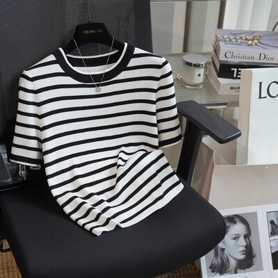 虫小小 高品质兰精天丝修身圆领条纹短袖针织衫t恤女上衣夏季A01H