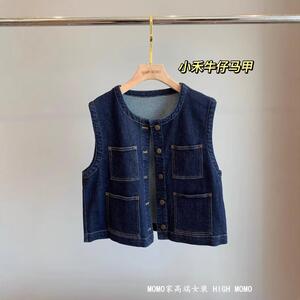 好好穿百搭 水洗丹宁撞色明线复古无袖大口袋牛仔马甲女早秋