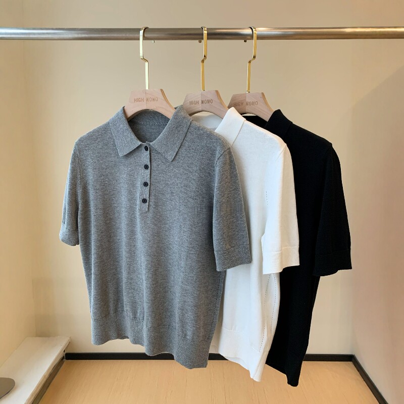 极简风!全棉舒适亲肤通勤休闲POLO领短袖针织衫女简约百搭上衣