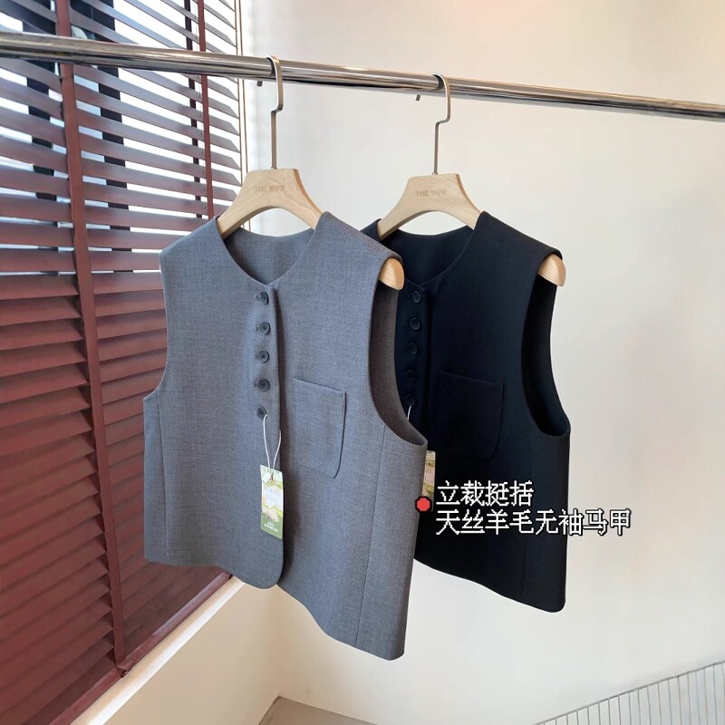 THEWOW 篙品质 立体剪裁挺括有筋骨短款箱型天丝羊毛无袖款马甲
